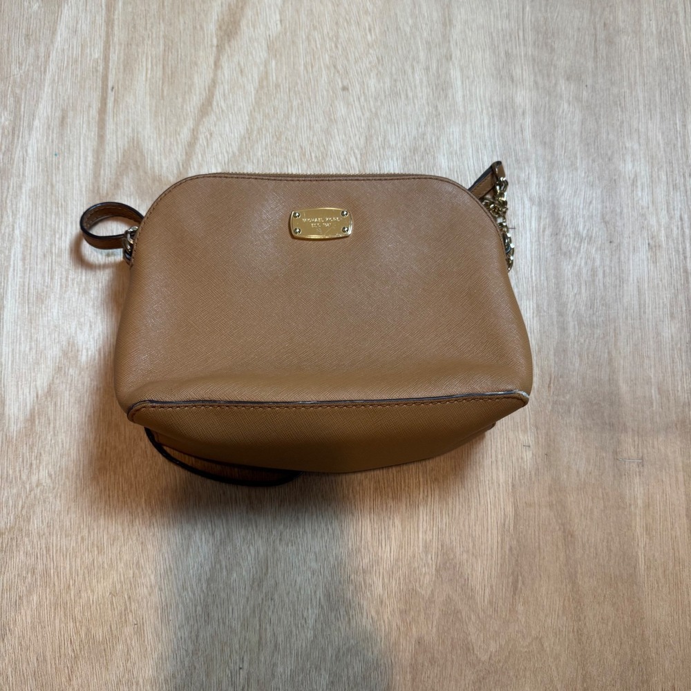 Michael Kors Brown Saffiano Leather Dome Crossbody Bag Tan Gold Hardware Purse